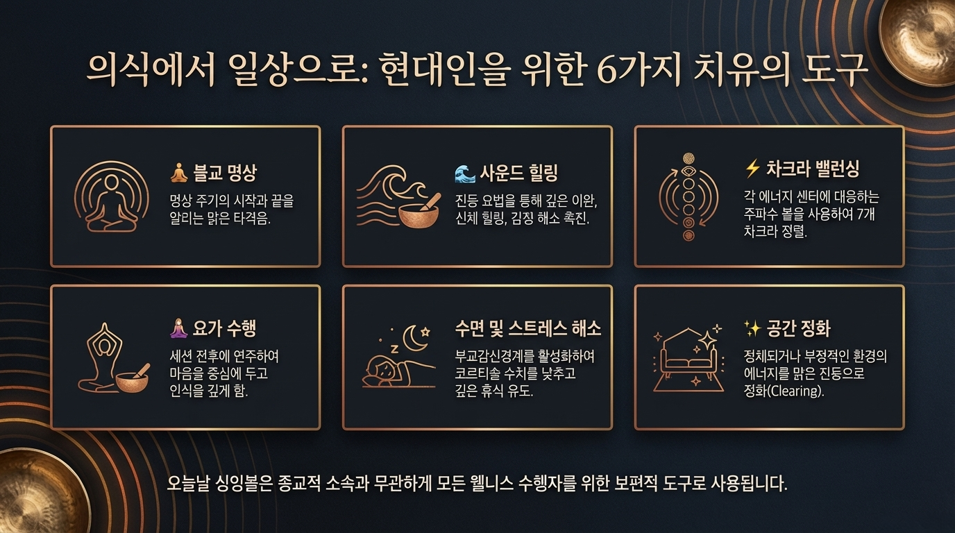 네팔산 정통 수제 티베트 싱잉볼 종합 가이드. 사운드 힐링 테라피, 명상 효과, 싱잉볼 역사, 뇌파 동조화 원리, 마음챙김 및 차크라 균형을 위한 히말라야 명상 악기 연주법 등 핵심 정보를 담은 인포그래픽입니다.