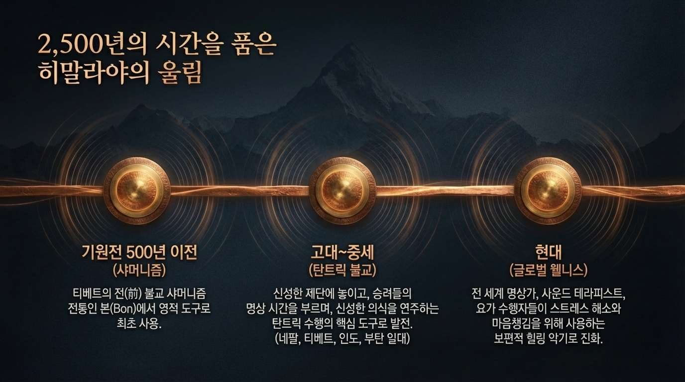 네팔산 정통 수제 티베트 싱잉볼 종합 가이드. 사운드 힐링 테라피, 명상 효과, 싱잉볼 역사, 뇌파 동조화 원리, 마음챙김 및 차크라 균형을 위한 히말라야 명상 악기 연주법 등 핵심 정보를 담은 인포그래픽입니다.