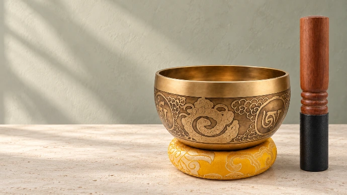 Hand-hammered singing bowl with wooden striker for meditation