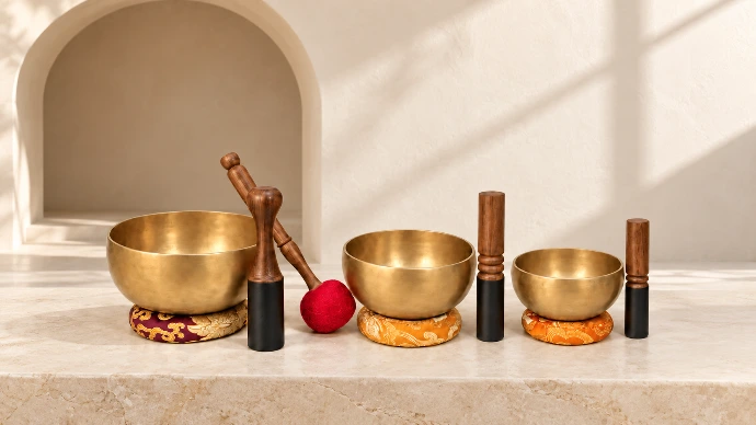 Plain handmade singing bowls with mallets on cushions